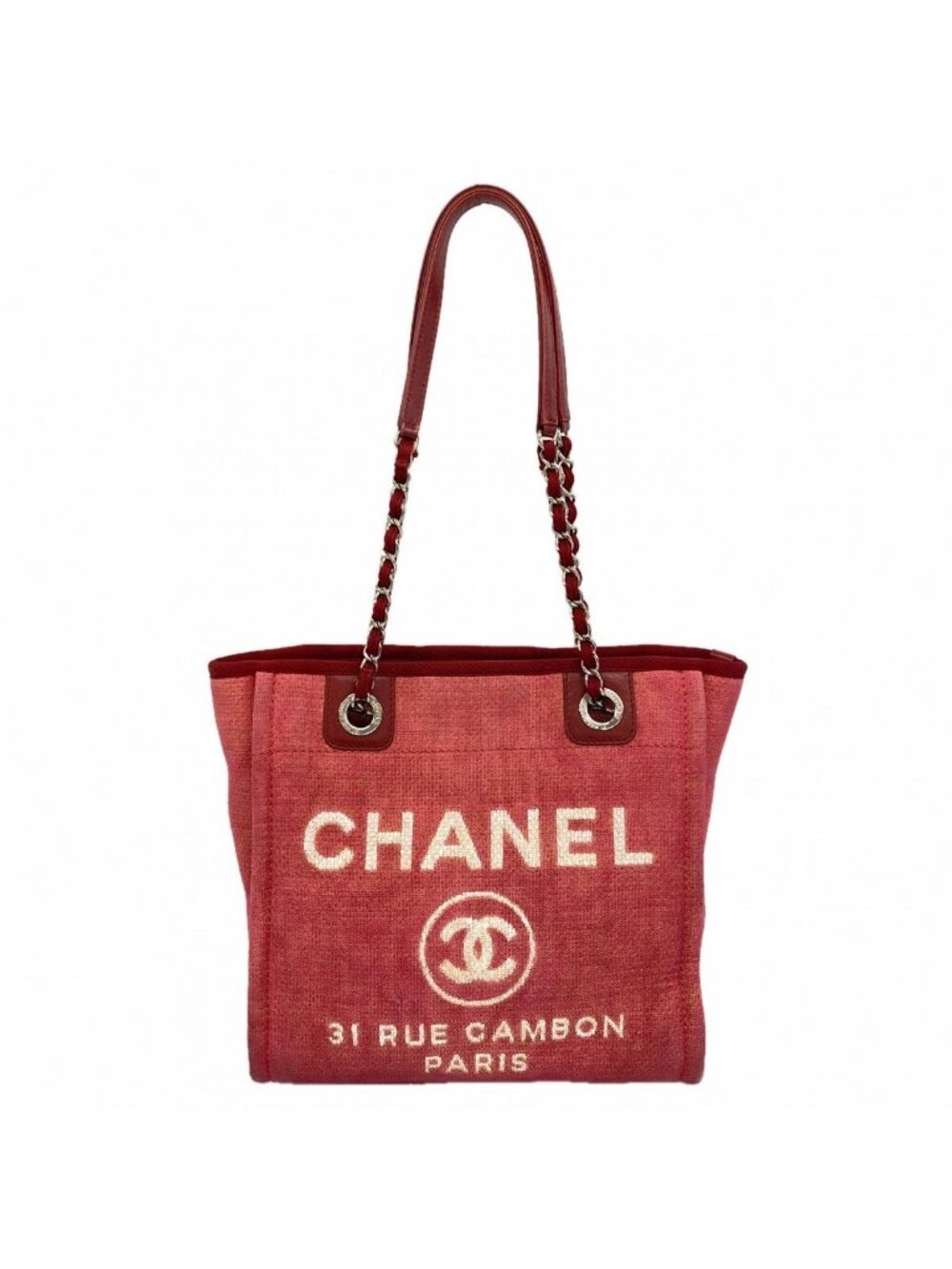 Chanel Chain Tote Deauville Canvas Red Silver